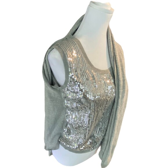 Michael Kors Sweater Sequins Cardigan and Tank Cotton Blend Top Silver Grey S/P - Picture 5 of 11